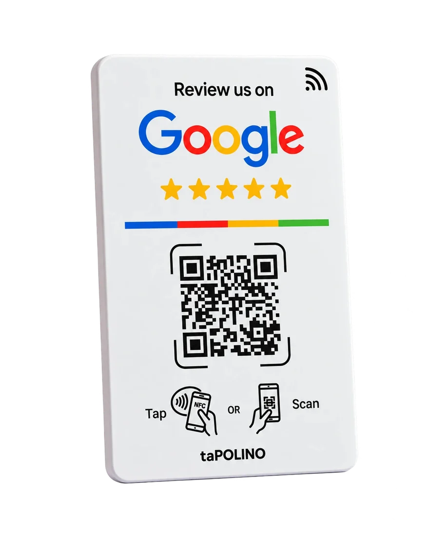 taPOLINO Google-Bewertungsschild in Weiß mit NFC und QR-Code